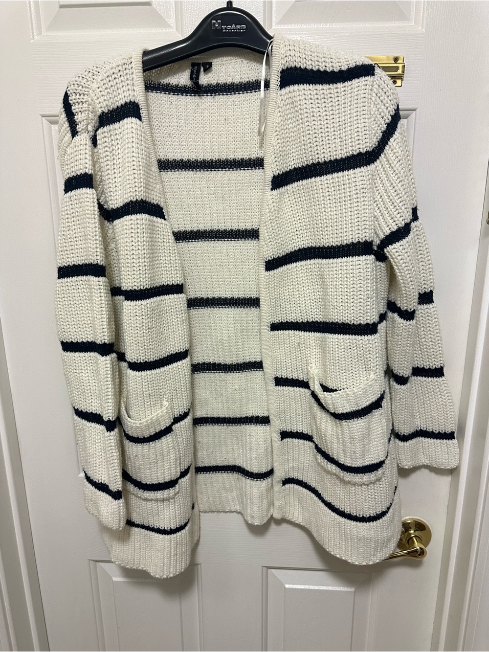 moon & madison Cream and Black Striped Open-Front Cardigan